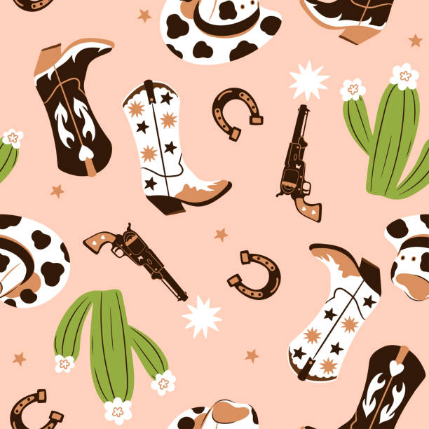 illustrations, cliparts, dessins animés et icônes de motif sans couture de cow-boy avec bottes, chapeaux, revolvers, fers à cheval et cactus. graphiques vectoriels. - horseshoe backgrounds seamless vector