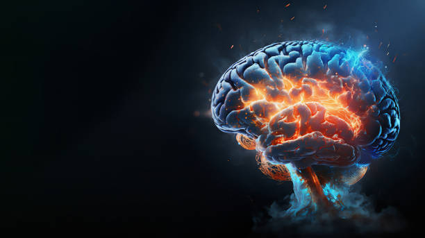 brain on fire, exploding brain, degenerative cognitive disease concept like parkinson's, alzheimer's, dementia, ms (multiple sclerosis), brain power treatment - menselijke hersenen stockfoto's en -beelden