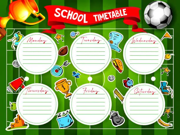 Vector illustration of Concept of daily planning, class calendar in cartoon style. School timetable of classes and lessons in the style of football.