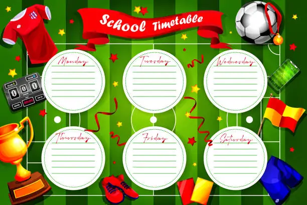 Vector illustration of Concept of daily planning, class calendar in cartoon style. School timetable of classes and lessons in the style of football.