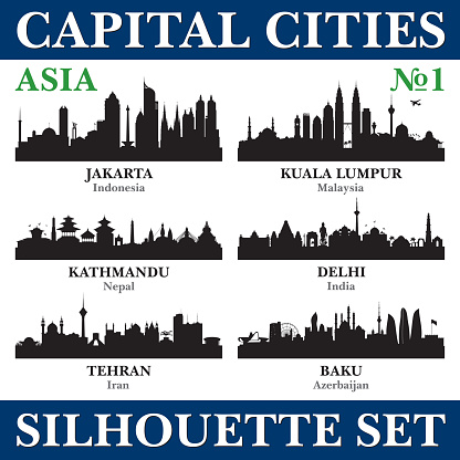 Capital cities skyline set.  Asia. Vector silhouette background illustration.