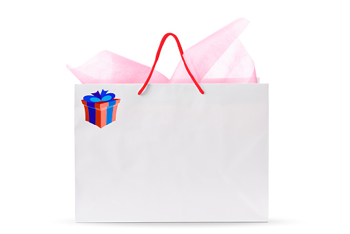 White shopping bag with gift box, isolated on white with clipping path.