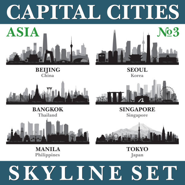 ilustrações, clipart, desenhos animados e ícones de horizonte das capitais. ásia. parte 3 - capital cities illustrations