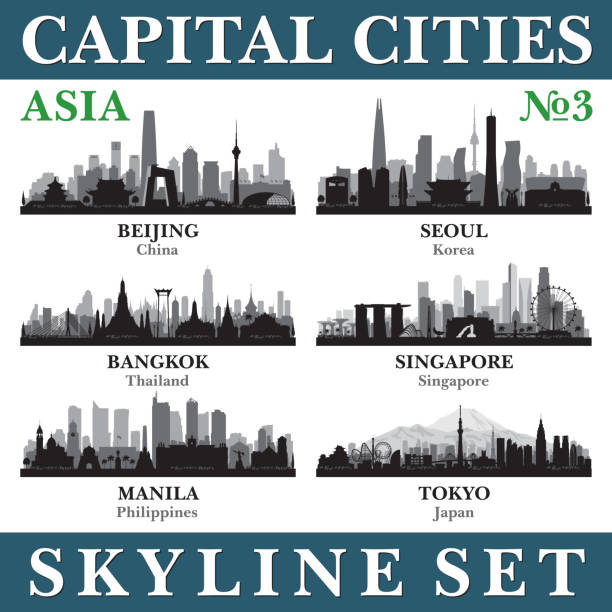 Capital cities skyline set. Asia. Part 3 Capital cities skyline set.  Asia. Vector silhouette background illustration. national capital region philippines stock illustrations