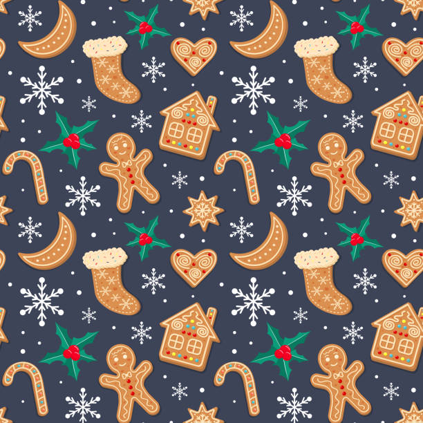 Seamless pattern with Christmas gingerbreads, snowflakes and holly. Xmas homemade biscuits in shape of gingerbread man, house, candy cane, sock, moon and heart on dark blue background. Seamless pattern with Christmas gingerbreads, snowflakes and holly. Xmas homemade biscuits in shape of gingerbread man, house, candy cane, sock, moon and heart on dark blue background. christmas cookies pattern stock illustrations