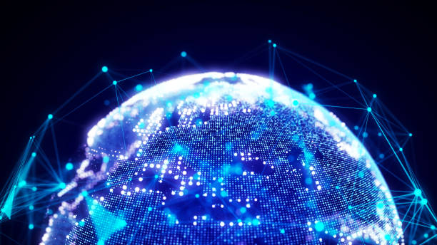 istock Abstract planet Earth with particles and a connected shell with lines. Global network connection. Science and technology. 3D rendering. 1440175068