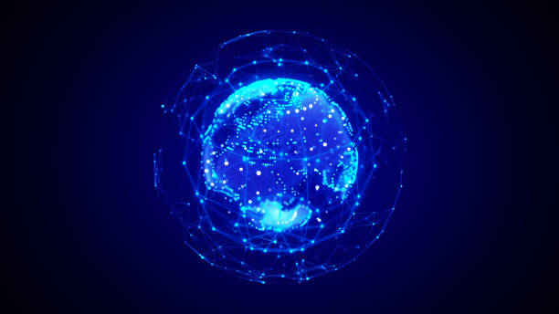 istock Abstract planet Earth with particles and a connected shell with lines. Global network connection. Science and technology. 3D rendering. 1440175077