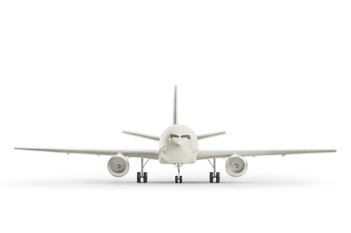 Front view studio shot of a white airplane isolated on white background