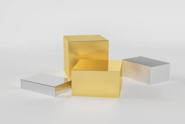 istock Empty gloss silver and gold cube., ellipse pedestal of product placement.,box mock up, isolated. Clear scratched metallic figure stand reflexion template., 3D illustration 1440176706