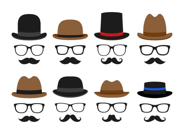 illustrations, cliparts, dessins animés et icônes de ensemble de moustache, chapeau et lunettes dans un style plat isolé - fake mustache