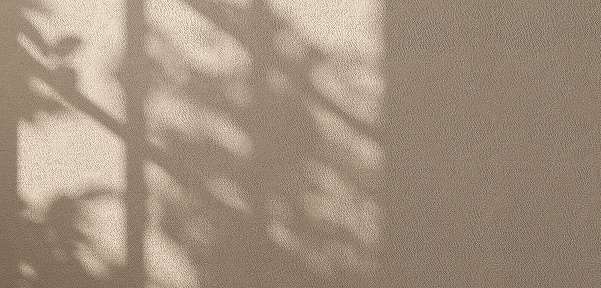 Beautiful soft dappled light from window and tree leaf shadow on minimal brown cement concrete wall background for modern, luxury beauty and cosmetic product display