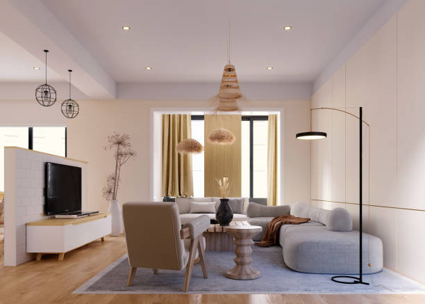 istock 3d rendering,3d illustration, Interior Scene and  Mockup,living room and kitchen interior,scandinavian style wall white and beige. 1440180920