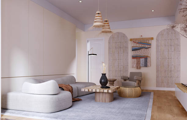 istock 3d rendering,3d illustration, Interior Scene and  Mockup,living room and kitchen interior,scandinavian style wall white and beige. 1440180921