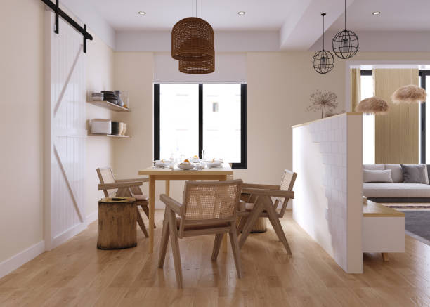 istock 3d rendering,3d illustration, Interior Scene and  Mockup,living room and kitchen interior,scandinavian style wall white and beige. 1440180923