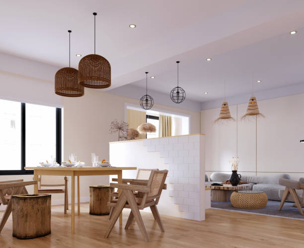 istock 3d rendering,3d illustration, Interior Scene and  Mockup,living room and kitchen interior,scandinavian style wall white and beige. 1440180939