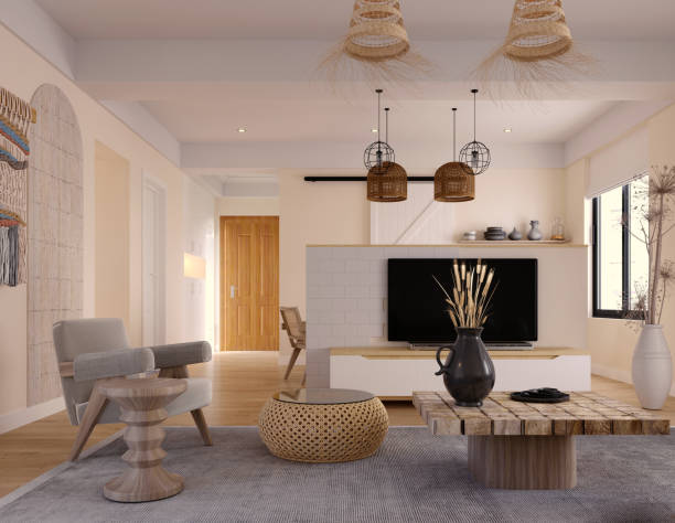 istock 3d rendering,3d illustration, Interior Scene and  Mockup,living room and kitchen interior,scandinavian style wall white and beige. 1440180940