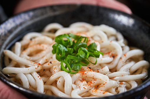 Kake Udon Hot Noodle Soup with Dashi Broth, Spring Onions and Shichimi Togarashi Spice