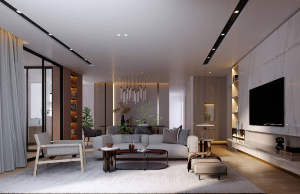 istock 3d rendering,3d illustration, Interior Scene and  Mockup,living room interior modern style wall white,furniture wood,lighting designer. 1440180983