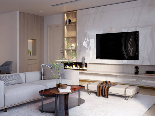 istock 3d rendering,3d illustration, Interior Scene and  Mockup,living room interior modern style wall white,furniture wood,lighting designer. 1440180989