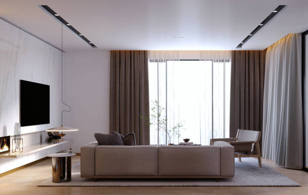 istock 3d rendering,3d illustration, Interior Scene and  Mockup,living room interior modern style wall white,furniture wood,lighting designer. 1440181020