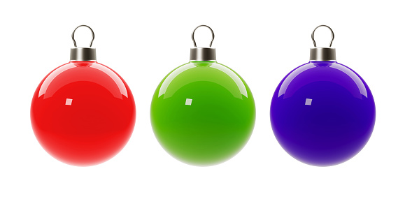 Christmas bauble set on white background. Horizontal composition with copy space. Front view. Great use as a design element for Christmas related concepts.