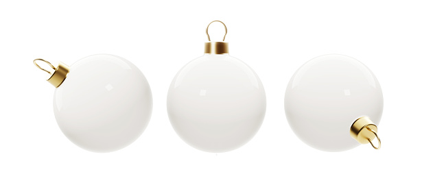 Glass Christmas bauble set on white background. Horizontal composition with copy space. Front view. Great use as a design element for Christmas related concepts.