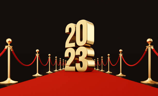 istock Gold Colored 2023 Sitting Over Red Carpet Before Flash Lights 1440184257