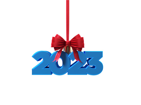 Blue 2023 numbers forming blue bauble tied with red ribbon on white background. Horizontal composition with copy space. Great use for Christmas concepts.
