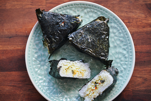 Onigiri Japanese Rice Balls Steamed Rice Filled with Salmon, Katsuobushi Dried Bonito Flakes and Soy Sauce