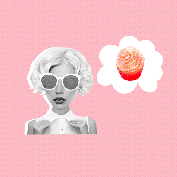 Contemporary minimal retro collage art. Funny Retro Lady sweet food lover concept stock photo