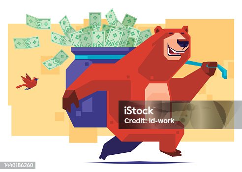 istock bear carrying sack of money banknotes and running 1440186260