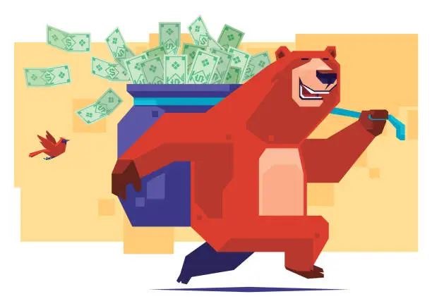 Vector illustration of bear carrying sack of money banknotes and running