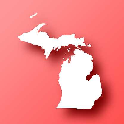 White map of Michigan isolated on a trendy color, a bright red background and with a dropshadow. Vector Illustration (EPS file, well layered and grouped). Easy to edit, manipulate, resize or colorize. Vector and Jpeg file of different sizes.