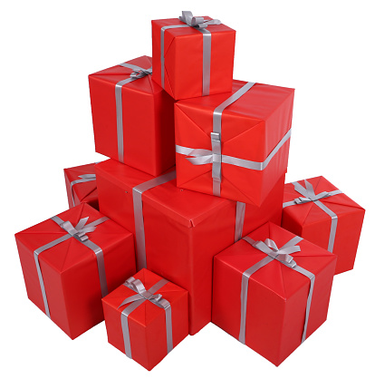Pile of Christmas presents in red gift wrappings