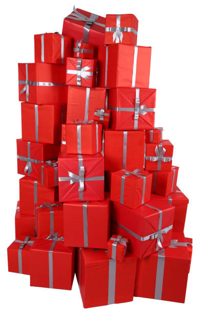 赤いギフト包装のクリスマスプレゼントの山 - isolated gift box wrapping paper celebration event ストックフォトと画像