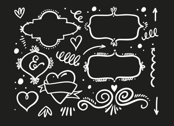Calligraphy elements set hand drawn line art vector illustration. Calligraphy elements set hand drawn line art vector illustration symbols and signs isolated on chalk board background. cartoon of a fancy filigree border design stock illustrations