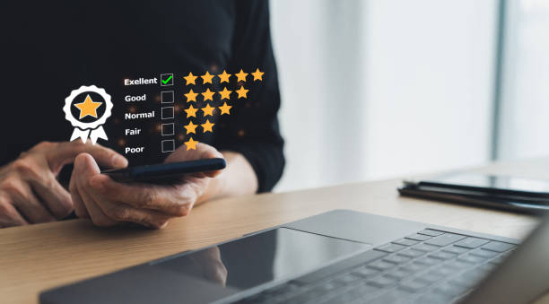 istock Happy customer or client review best product performance and excellent service quality feedback. Corporate or company positive reputation online survey, good evaluation rating and ranking 1440191520