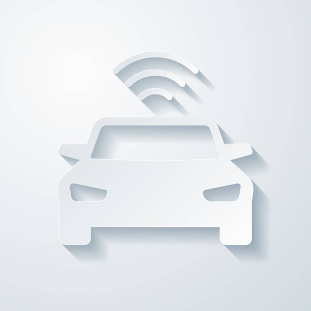 ilustrações de stock, clip art, desenhos animados e ícones de connected car. icon with paper cut effect on blank background - car isolated three dimensional shape white background