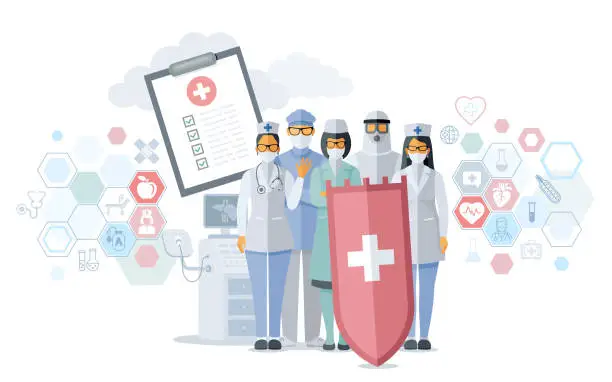 Vector illustration of Concept of life insurance. Protection of health and life. Healthcare and medical service. Medical Team. Knight Doctor. Medical Insurance.