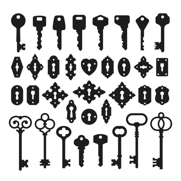 ilustrações de stock, clip art, desenhos animados e ícones de key and keyhole silhouettes. old vintage keyholes, antique keys black silhouettes. door locks, medieval locked elements collection. privacy tidy vector symbols - buraco-de-fechadura