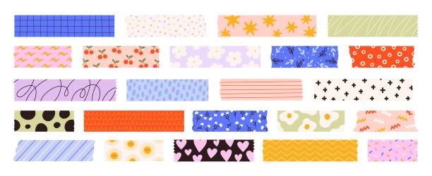 Washi tapes collection. Colourful scrapbook stripes, sticky label tags and decorative scotch strip. Border elements, paper sticker tape racy vector design Washi tapes collection. Colourful scrapbook stripes, sticky label tags and decorative scotch strip. Border elements, paper sticker tape racy vector design of tape adhesive frame scrapbook illustration adhesive tape stock illustrations