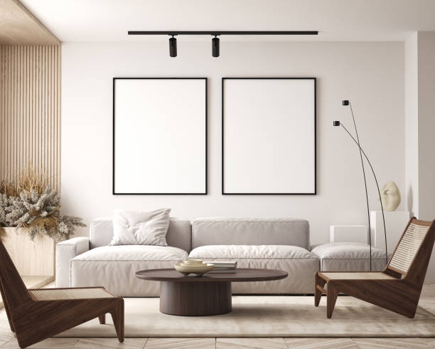 istock mock up poster frame in modern interior background, interior space, living room, Contemporary style, 3D render, 3D illustration 1440194370