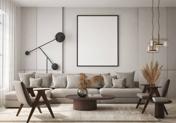istock mock up poster frame in modern interior background, interior space, living room, Contemporary style, 3D render, 3D illustration 1440194375