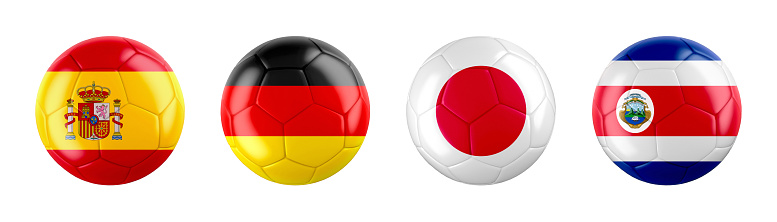 GROUP E teams ball flags. isolated on white background. 3d illustration .