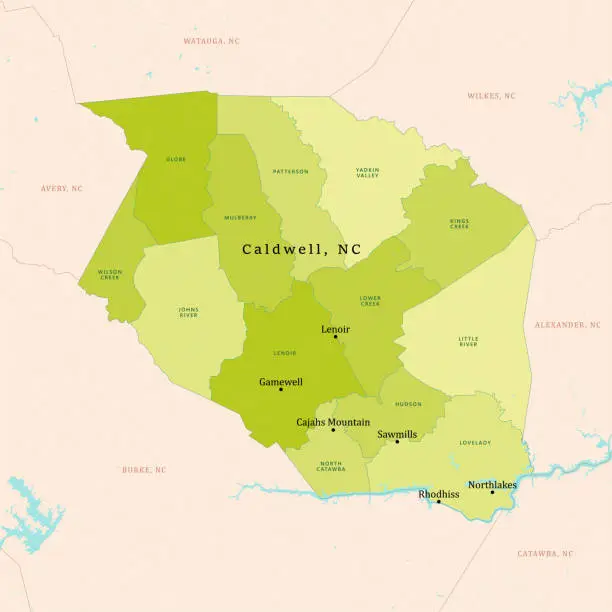 Vector illustration of NC Caldwell County Vector Map Green