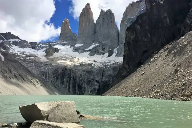 view on the peaks of the Torres del Paine in Patagonia