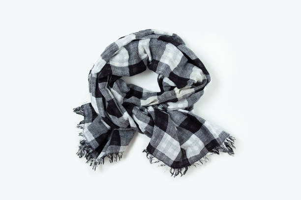 istock Checkered scarf with fringe folded in a circle on  white background. Black and white color. 1440197486