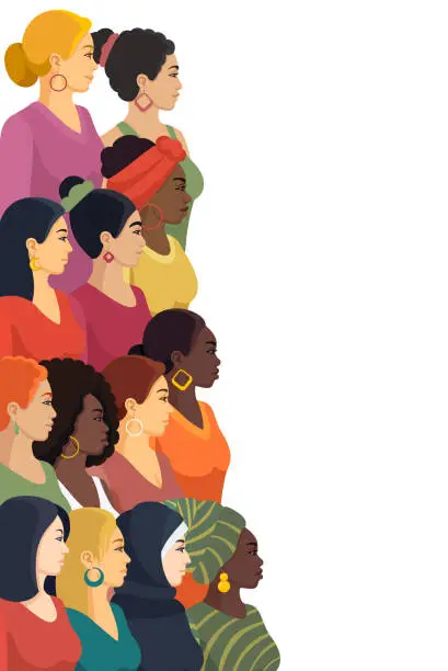 Vector illustration of Girl Power. Multi-ethnic group of beautiful women. Vertical Banner.