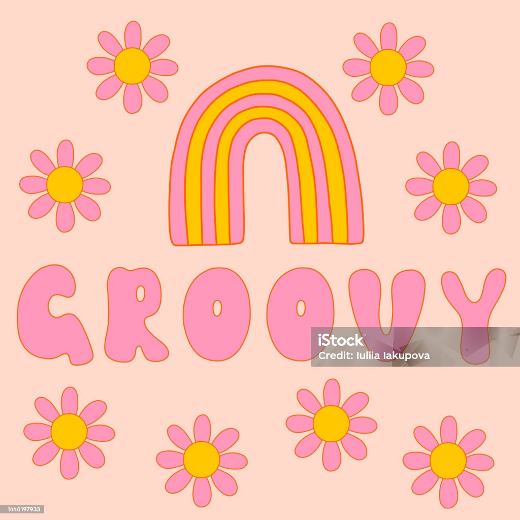 Groovy Word With Rainbow And Daisies Stock Illustration - Download