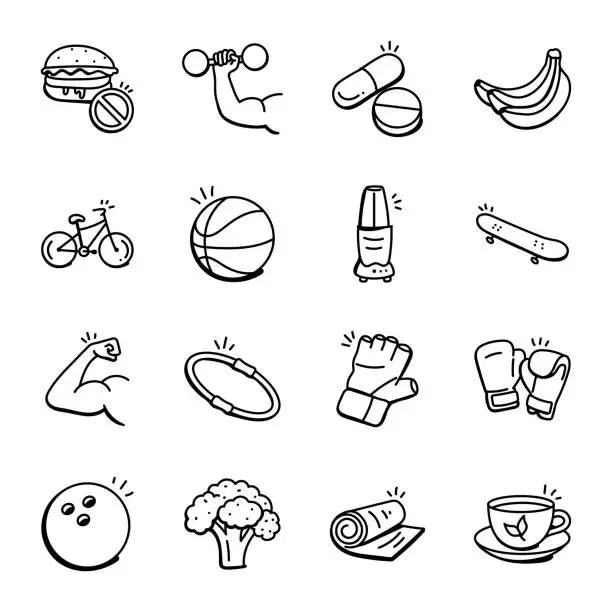 Vector illustration of Workout Accessories Hand Drawn Icons